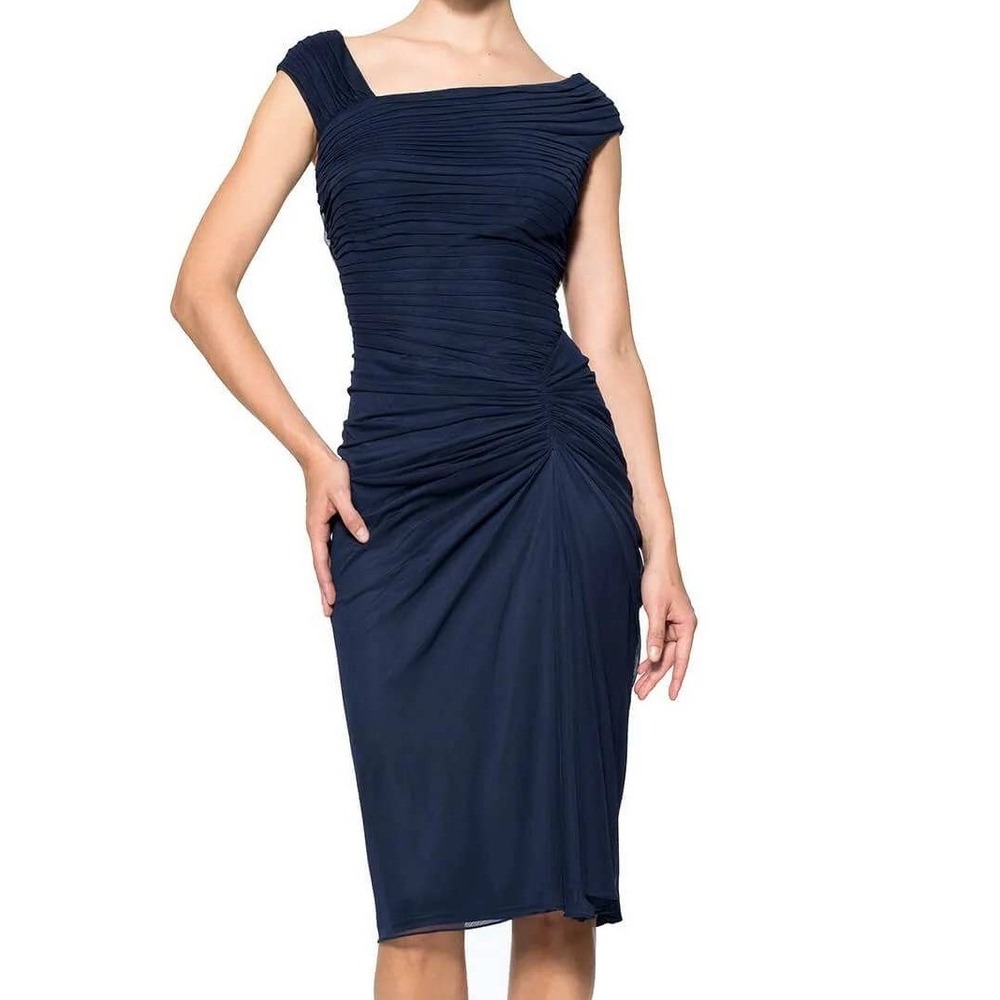 Tadashi Shoji Draped Mesh Cocktail Dress Asymmetrical Shoulder Straps‎ Size S